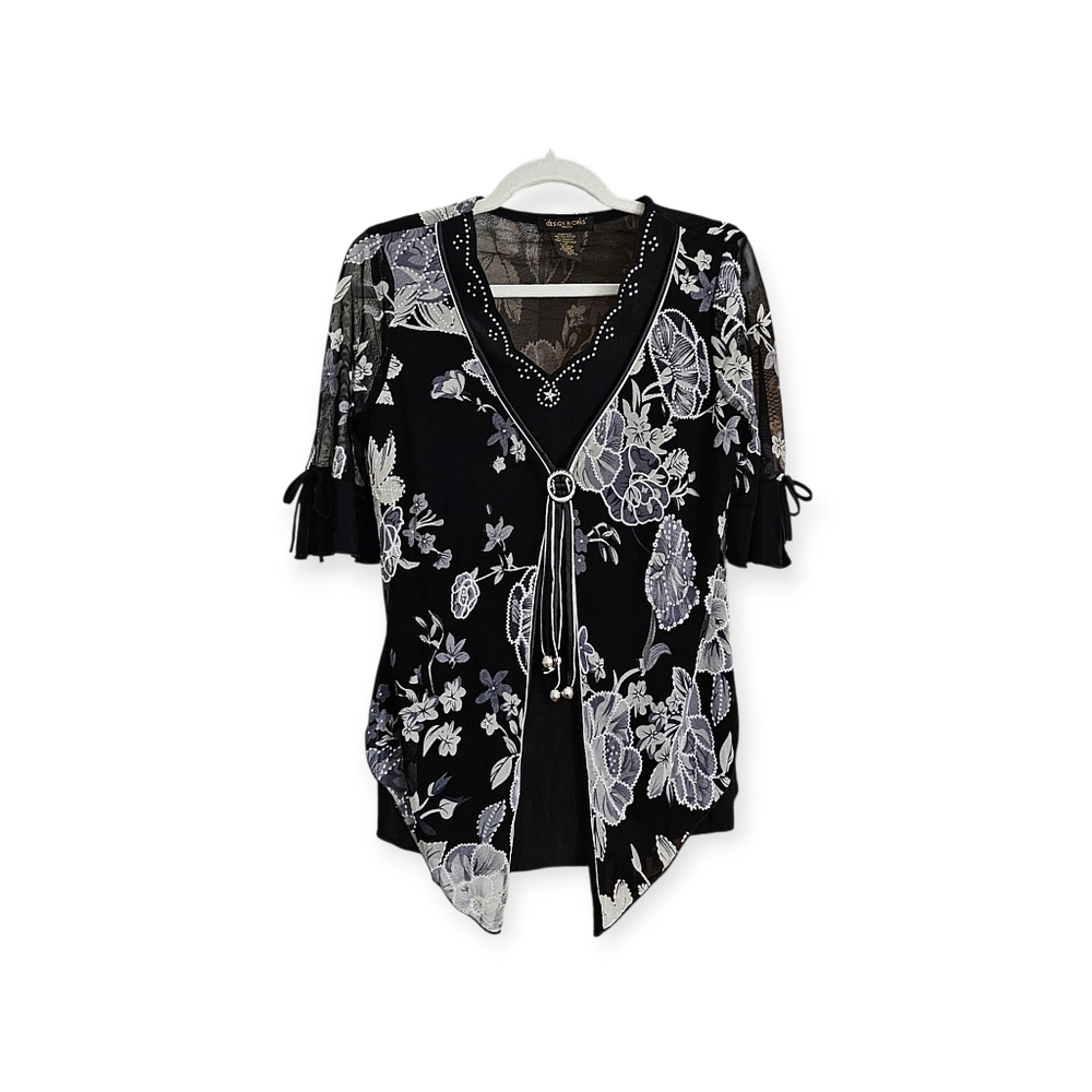 Vintage Design Works Floral Western  Rhinestones Cowboy Mid-Sleeve Blouse PM